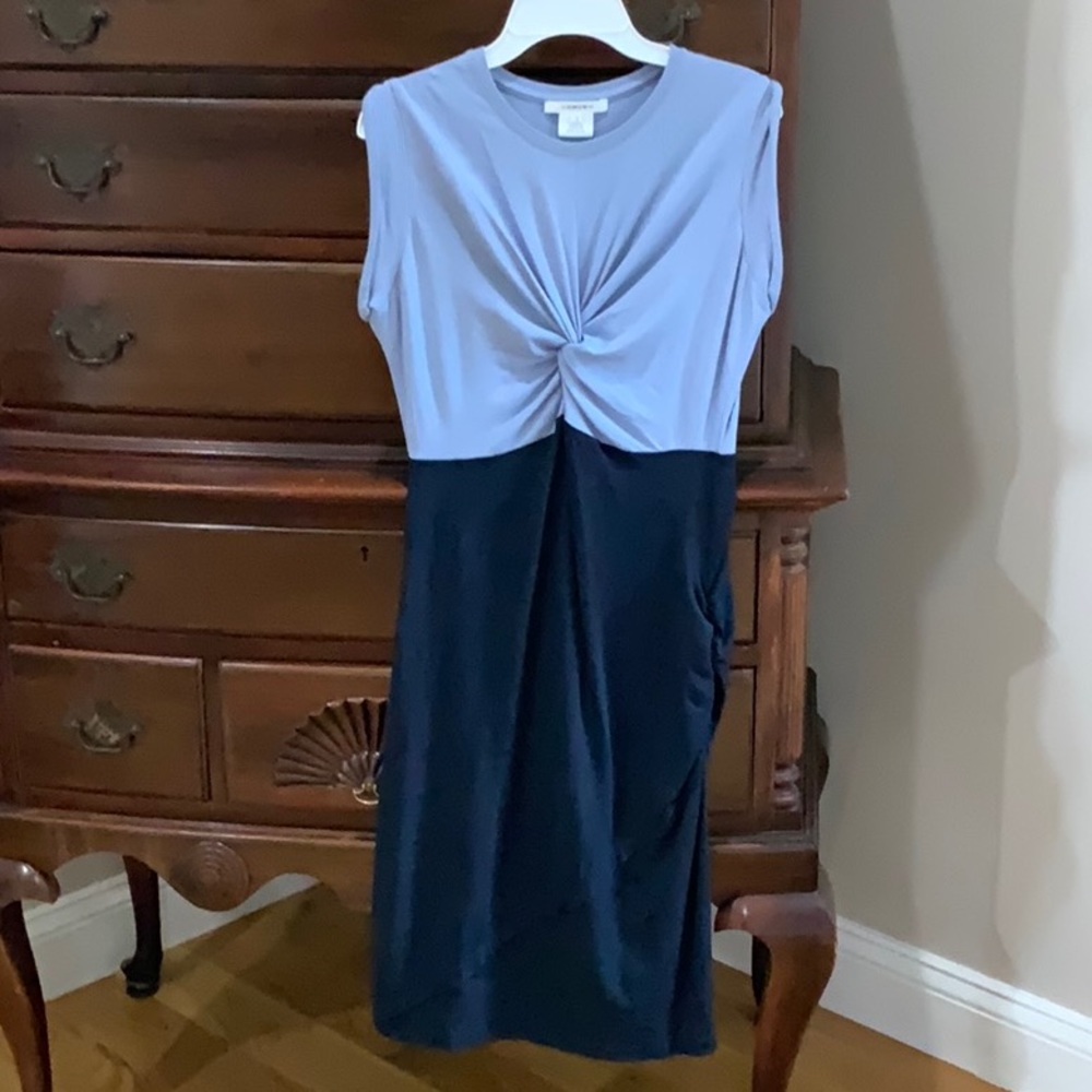 Carven Twist Front Lt Blue/Dark Blue Diagonal Seam Short Slv Round Neck S Dress